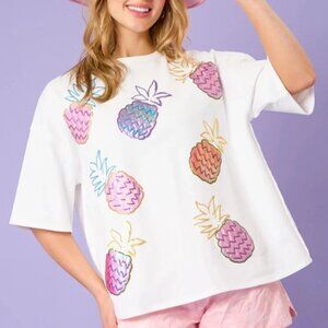 Fantastic Fawn Sequin Pineapple Tee Short Sleeve White Colorful Size Small